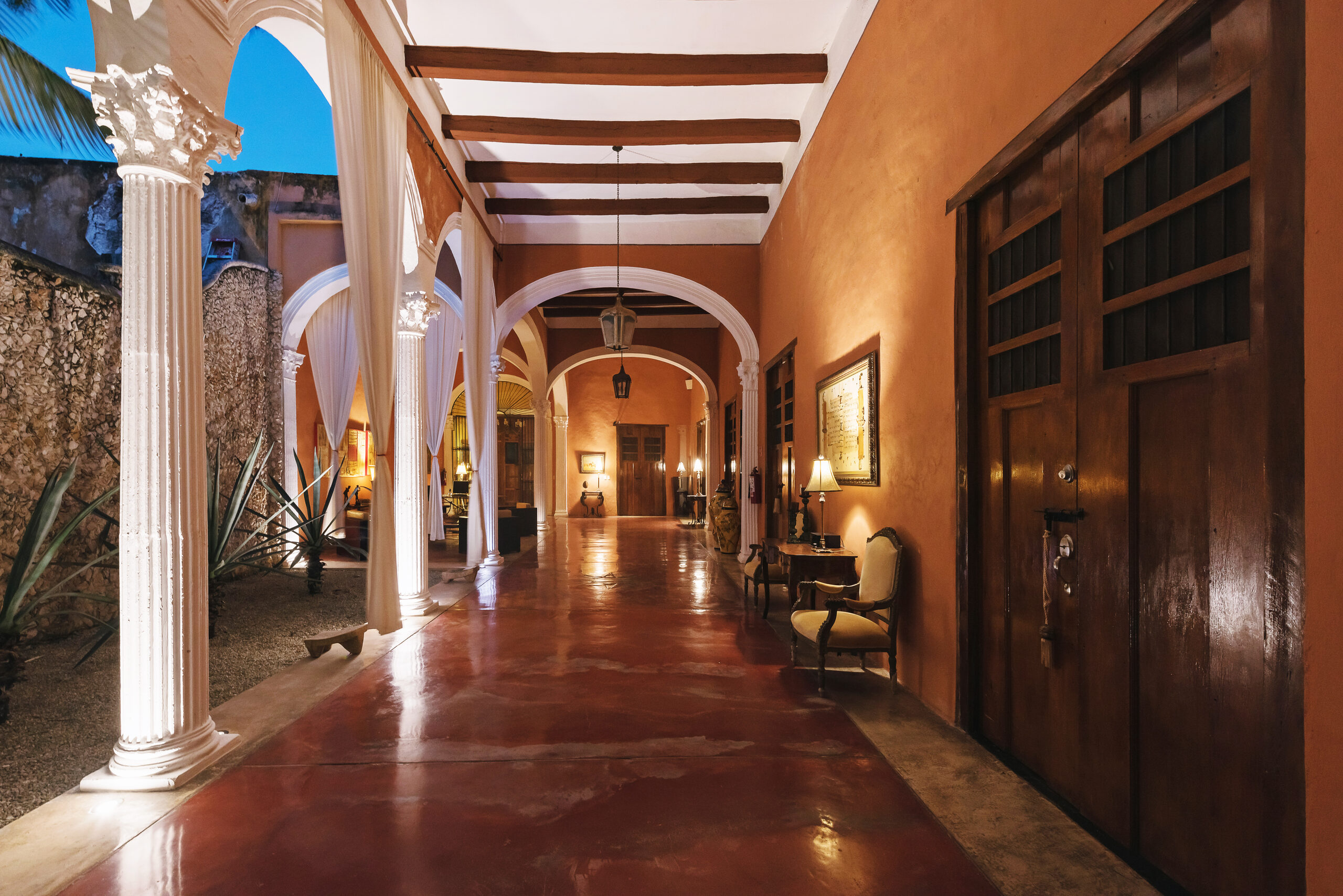 Colonnaded arcade at night, Hotel Hacienda VIP